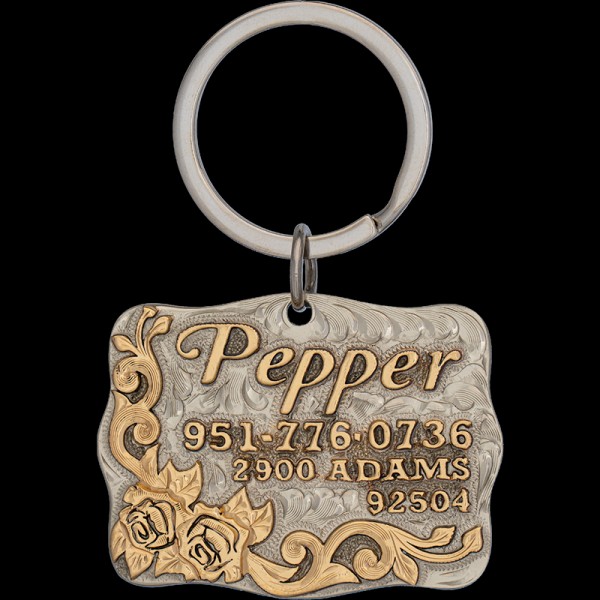 Introducing the Pepper Custom Dog Tag! Crafted from durable German silver, adorned with jeweler's bronze letters, intricate scrollwork, and roses. Order now!

 